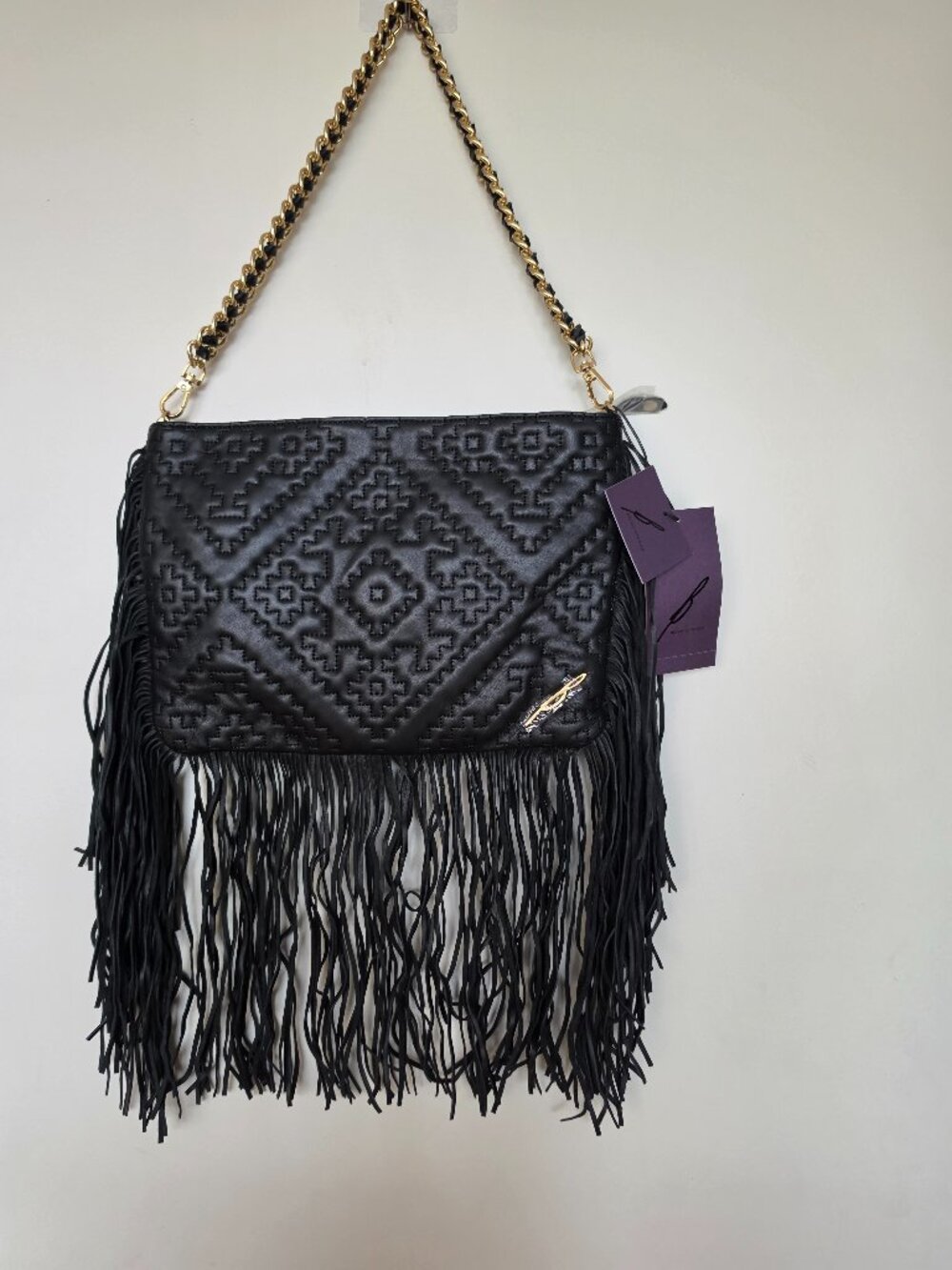 B Brian Atwood Black Leather Fringe Shoulder Bag NWT
